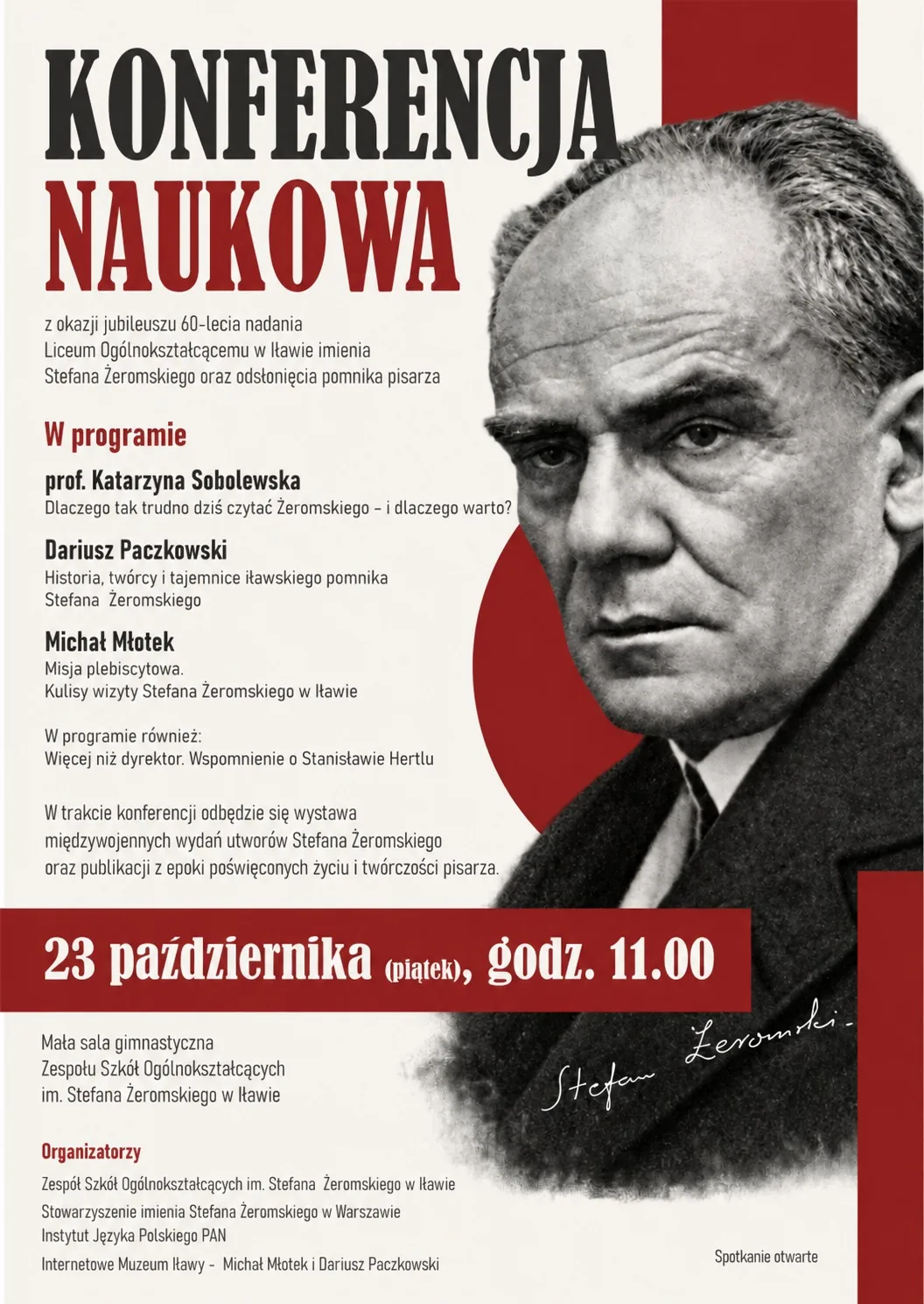 Plakat konferencji naukowej na 60-lecie nadania iławskiemu liceum imienia Stefana Żeromskiego. Materiał przekazany przez Michała Młotka.