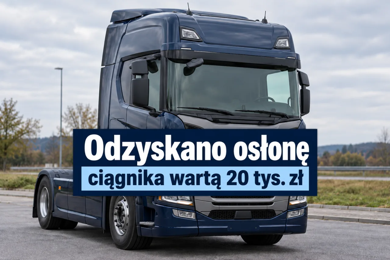 Ilustracja AI: przód ciągnika siodłowego z widoczną osłoną kabiny.