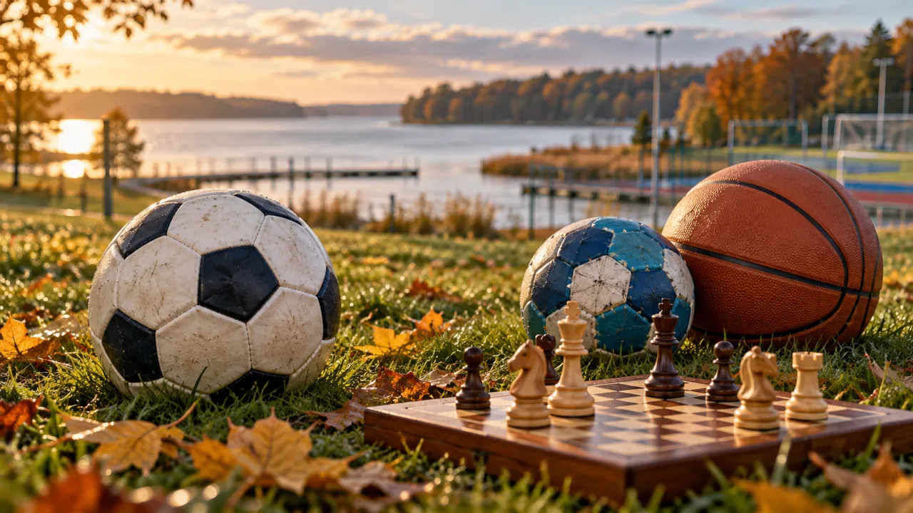 Piłki do futbolu, piłki ręcznej i koszykówki oraz szachownica w jesiennej scenerii nad jeziorem.