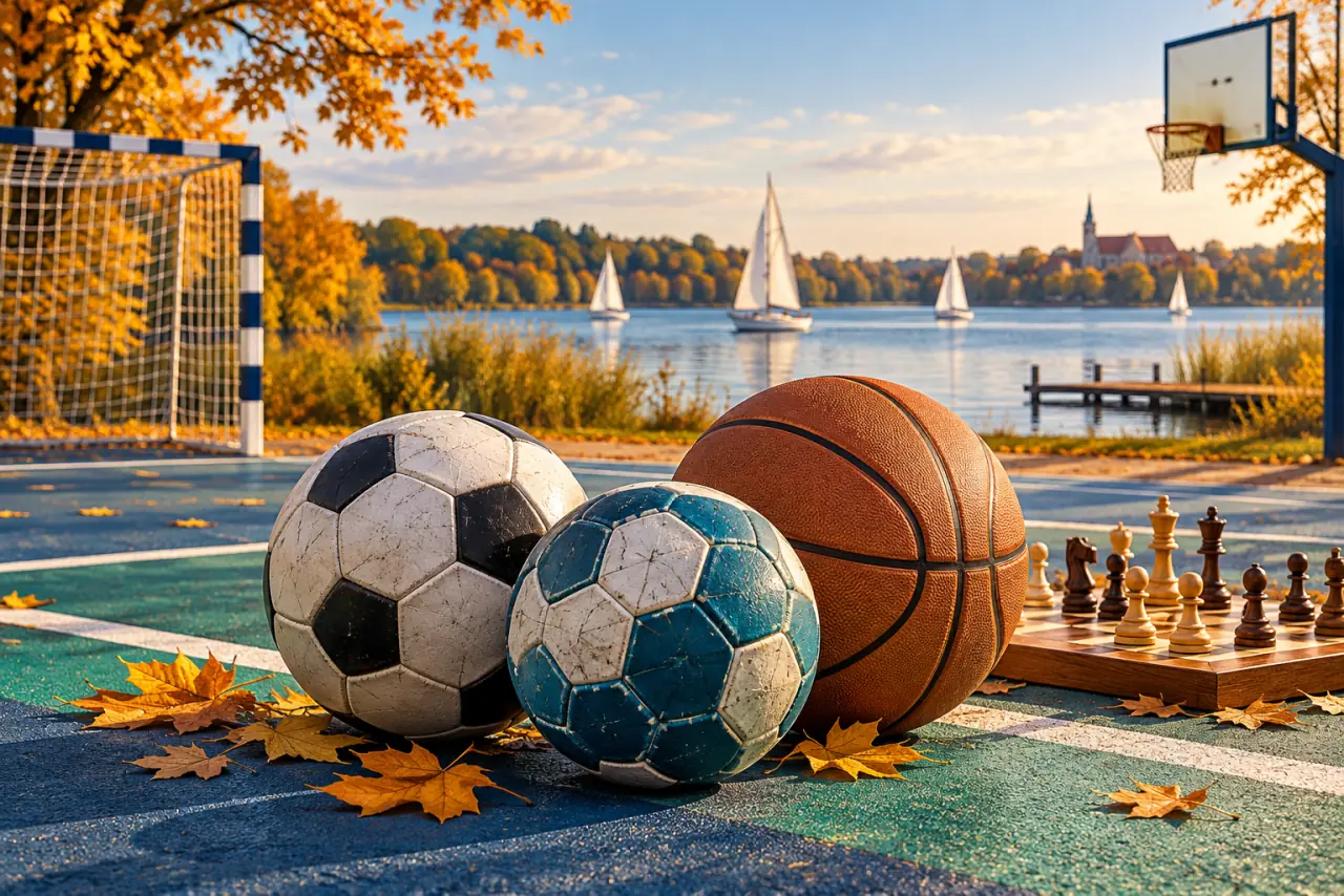 Ilustracja sportowego weekendu: piłki do piłki nożnej, ręcznej i koszykówki, szachownica i żaglówki na tle jesiennego jeziora.